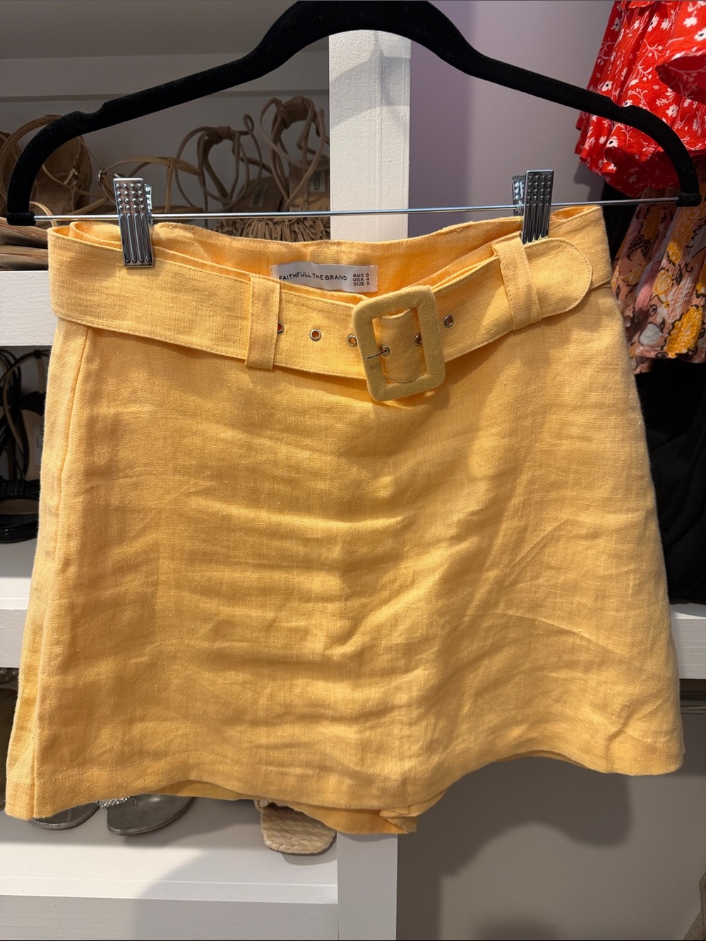 Sunny Yellow Belted Linen A-Line Skirt